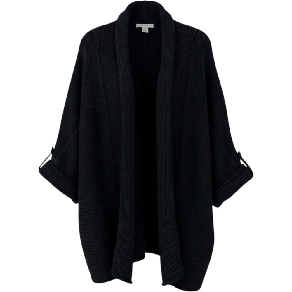 Ann Taylor LOFT Open Front Sweater Womens L/XL Black Chunky Knit 3/4 Sleeve